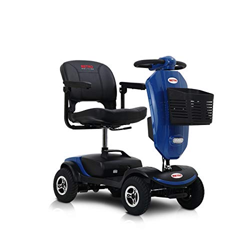 Metro Mobility USA Patriot Compact Travel Electric Power Mobility Scooter for Adults - 265 lbs Max Weight,4 Wheel, 18 in Width Thick Leather Seats, Large Capacity Lead-Acid Battery - Blue