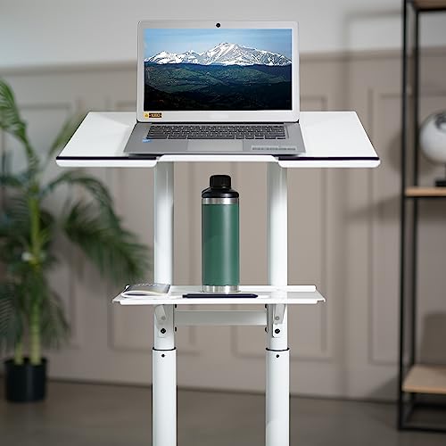 Vivo Steel Mobile 24 Inch Height Adjustable Multi-Purpose Rolling Podium, Lectern, And Laptop Workstation Desk With Storage Tray, White, Cart-V03W #TOP3