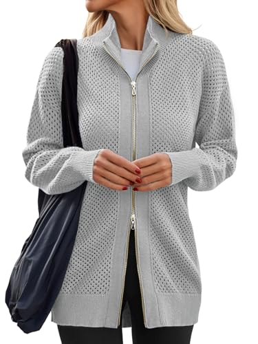 Women's Turtleneck Zip Up Cardigan Sweaters Oversized Drop Shoulder Long Sleeve Casual Solid Mesh Knit Jumper Tops Grey