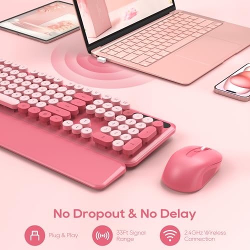 Wireless Keyboard and Mouse Combo - Round Keycaps, Full-Size Retro Typewriter Keyboard with Detachable Wrist Rest, Sleep Mode & Tilt Legs, 2.4GHz Cordless Connection for Mac/Windows/PC (Hot Pink) - Image 6