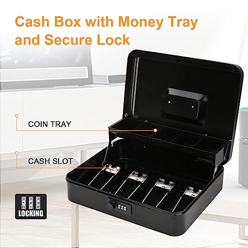 Jssmst Large Locking Cash Box with Money Tray, Metal Money Box with Combination Lock Cash Safe with Security Cable, Black, SM-CB02302XL