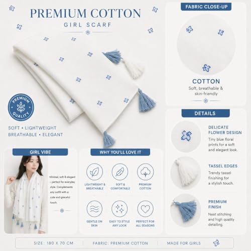 Image of floral printed cotton stoles /scarf /scarves for women, pure soft cotton for summer (Size-28inch x 72inch)