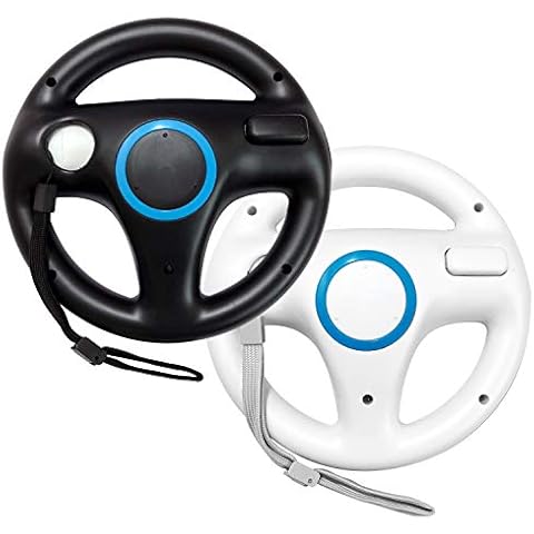 Jadebones 2 Pack Racing Steering Wheel with Wrist Strap for Wii and Wii U Remote Controller (Black+White) Cover