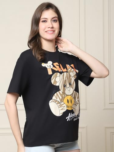 Image of Preneum Women's Cotton Cool Graphic Printed Baggy Fit Drop-Shoulder Sleeves Cotton Oversized T-Shirt
