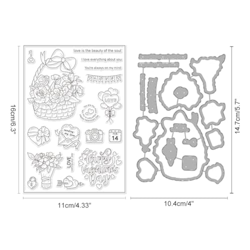 INFUNLY Valentine's Day Clear Stamps and Dies Love Silicone Stamp Flowers Stamps for Card Making Love Heart Stamps and Cutting Dies Flower Basket Stamps and Dies Set for DIY Craft Scrapbooking Decor - Image 2