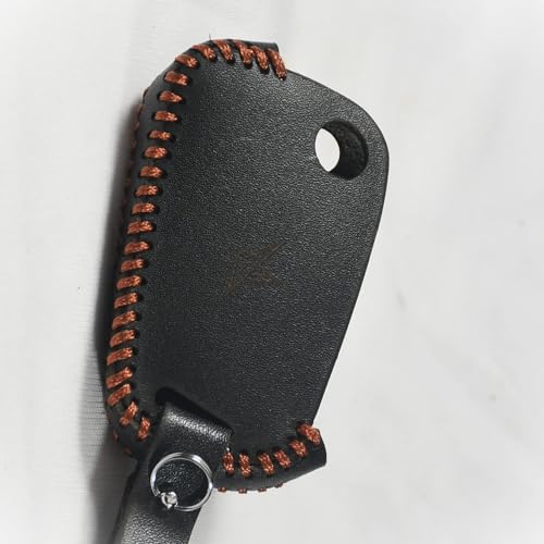 Image of Leather Car Key Cover with Key Chain for Skoda Superb, Octavia, Volkswagen Jetta, Passat, Tiguan (Black)