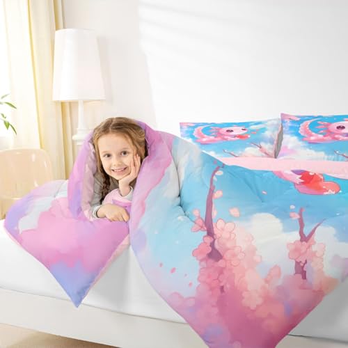 Image of Feelyou Cute Axolotl Bedding Set Cherry Blossoms Girls Comforter Set for Kids Teens Cartoon Salamander Ultra Soft Comforter Kawaii Ocean Sealife Duvet Set Room Decor Full Size Quilt Set