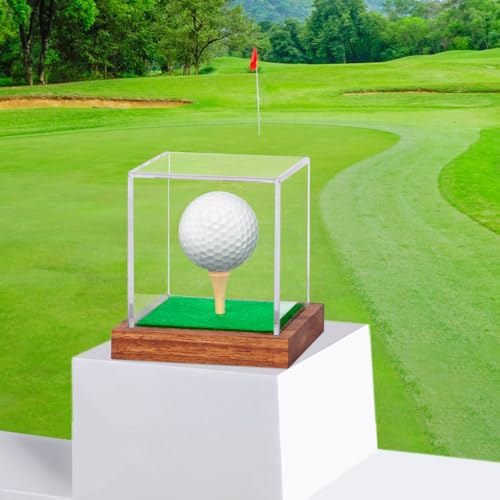 Image of Hooqict Golf Ball Display Case Clear Acrylic Golf Ball Case Display with Wood Base & Tee Ball Holder Stand UV Protected Square Cube Box Single Ball Storage Golfball Collections