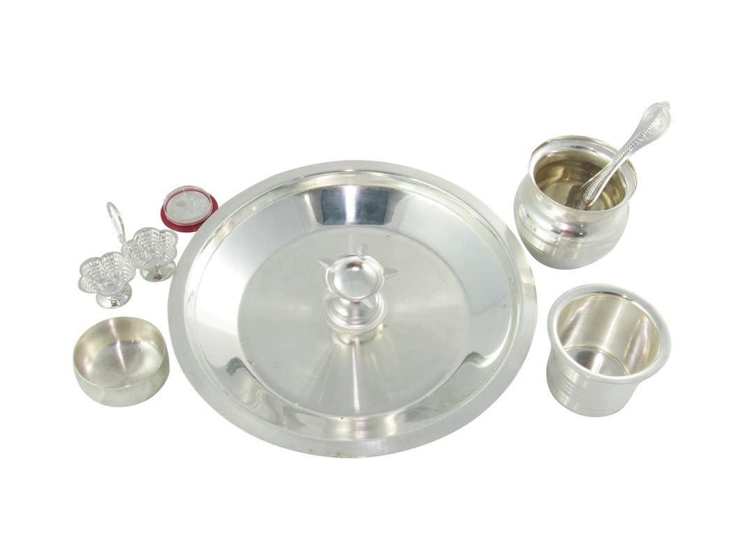 Pooja Thali Set Kalash argenté 8 pouces pour illuminer vos rituels et fêtes à la maison