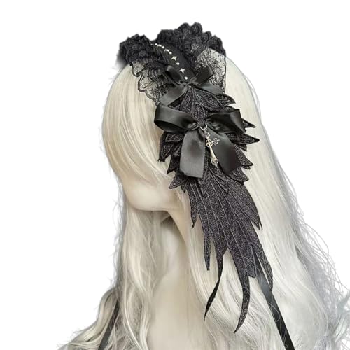 LfrXtra Diadema de encaje de alas angelicales con lazo de anime punk para Halloween, fiesta, cosplay, accesorio para el cabello para mujer
