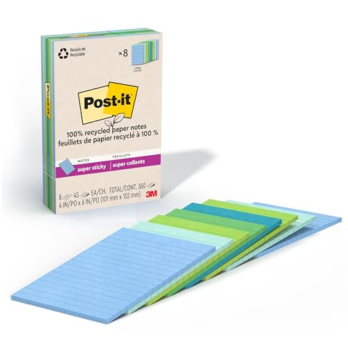 Post-it Notes super adhésives lignées en papier 100% recyclé pour bureau