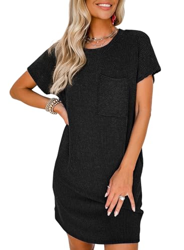 Image of Acelitt Womens Casual Summer Crewneck Short Sleeve Ribbed Mini Tshirt Dress, XS-3XL