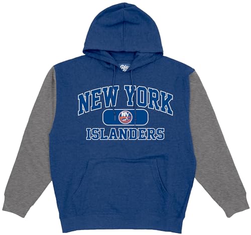 Blue 84 New York Islanders NHL Officially Licensed Colorblock Hooded Sweatshirt Twill Embroidery, Small