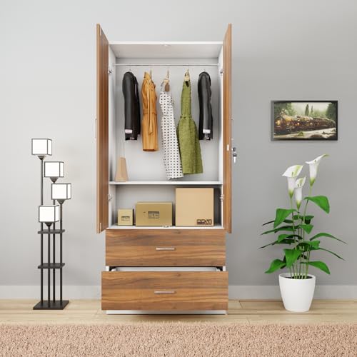 Image of VIKI Wardrobe | Wooden Almirah for Clothes,Door for Bedroom, 2 Door Wardrobe with Drawer & Hanging Space (White & Walnut - 40D x 80W x 180H) | 1 Year Warranty | Free Assembly
