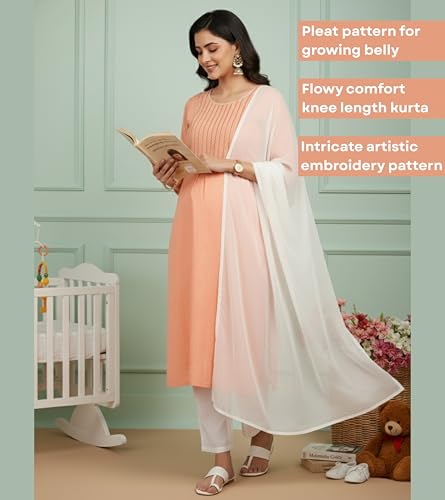 Image of DUMMY SHAPE Pregnancy Dresses for Women Cotton | Floral Maternity Kurta Pant Dupatta Set with Dual Nursing Zippers | Pre & Post Partum | Feeding Kurtis | Baby Shower | Gifts for Pregnant Woman