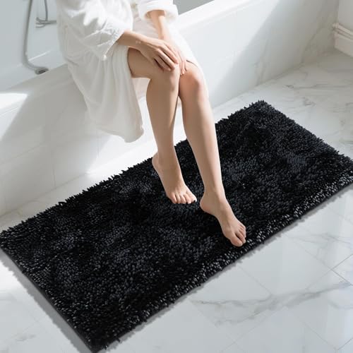 Image of Yimobra Long Bathroom Rugs Runner 55x24 Inch, Extra Thick Soft Absorbent Chenille Bath Mat, Non Slip Machine Washable, Quick Dry Bath Rugs for Bathroom Floor, Tub and Shower, Black