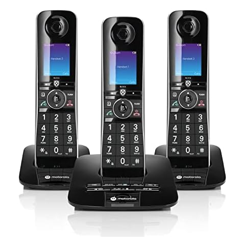 Motorola Voice D8713 Cordless Phone System w/3 Digital Handsets + Bluetooth to Cell, Answering Machine, Call Block - Black Cover