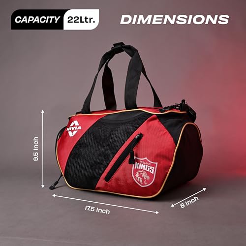 Image of Nivia X Punjab Kings Hit 2.0 Duffle Bag 22L - Ventilated Shoe Compartment, Quick-Access Pockets, Trolley Sleeve for Gym, Training & Travel