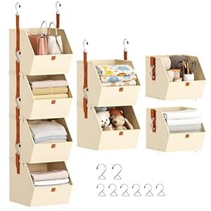 Hanging Closet Organizer 4 Tier – Clothes Hanging Shelves, Space-Saving Closet System, Fabric Storage Bins Bedroom Organization, Collapsible Baskets for Home, Dorm, Rv, Beige