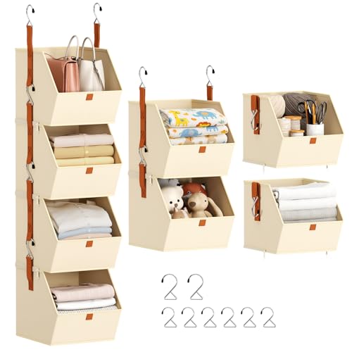 Homsorout Hanging Closet Organizer 4 Tier - Clothes Hanging Shelves, Space-Saving Closet System, Fabric Storage Bins Bedroom Organization, Collapsible Baskets for Home, Dorm, Rv, Beige