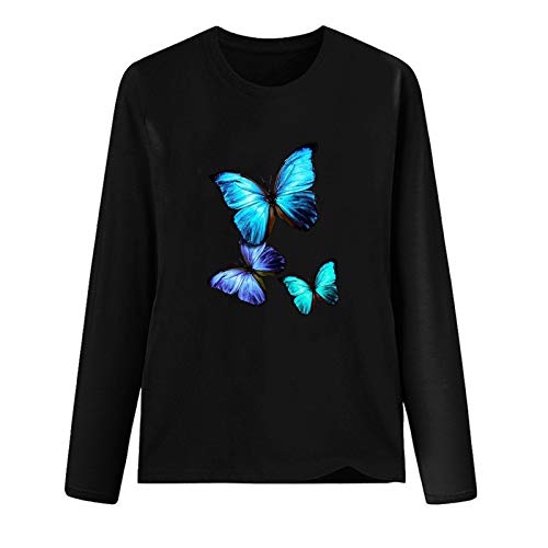 Camisetas femininas de manga comprida com gola redonda e estampa de borboleta, Cinza, XXL