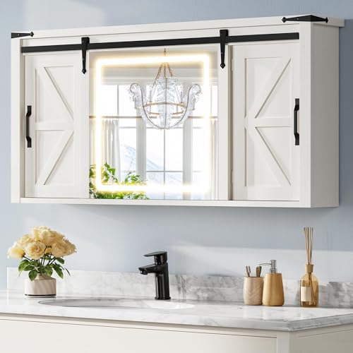 DWVO Medicine Cabinet Mirror, Bathroom Wall Cabinet w/Lights and Sliding Barn Door, Lighted Medicine Cabinet Storage Cabinet for Bathroom with Adjustable Shelf, 3-Color Memory Mode LED, 47