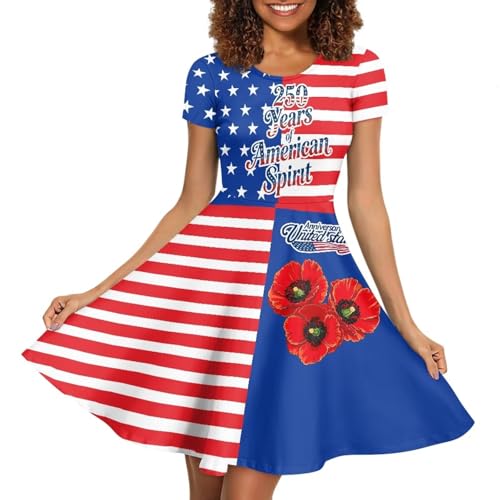 Image of HUGS IDEA Womens Puffy Swing Midi Dress Round Neck Short Sleeve Party A-Line Dresses