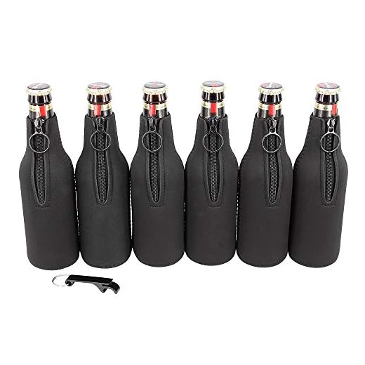 sunkey Beer Bottle Insulator Sleeves 6 Pack Neoprene Beer Bottle Covers with Ring Zipper Bottle Opener for 12 oz/330 ml Bottles (Black)