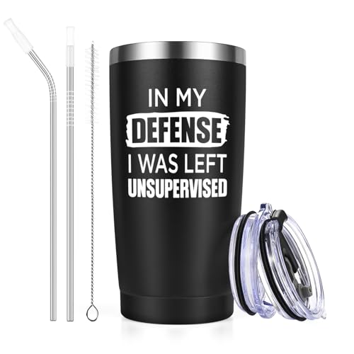 Image of Livole Funny Mugs for Men, Him, Colleagues, Mens Christmas Gifts Ideas, in My Defence I was Left Unsupervised, Work Gifts for Men, Male Coworker, 600ml Double-Wall Travel Coffee Mug, 20oz Tumbler
