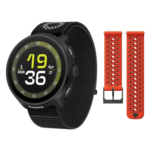 SUUNTO Run Sport Watch, Running GPS Watch All Black (w/Textile Strap) & SUUNTO 22 ATH8 Silicone Strap Orange S+M