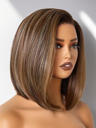 GORGIUS Brown Highlight Bob Lace Front Wig Glueless Straight Short Wigs Upgrade with Human-Hair-Like Sythetic Hair Pre Cut Pre Plucked Side Part Hairline 12 Inch