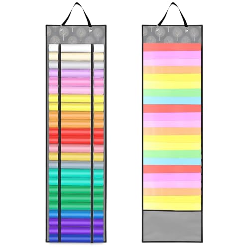 TOWEBOORY Vinyl-Rollen-Organizer, Vinyl-Rollenhalter 24 Fächer und 23 Taschen VinylAufbewahrungsregal Wandhalterung über der Tür Vinylrollenhalter für Geschenkpapier, Papier, Kreuzstich Stickerei