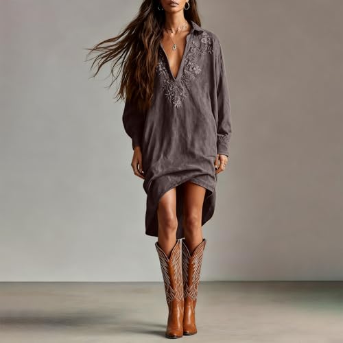 Image of Womens Faux Suede Western Vintage Midi Dress, Long Sleeve Lapel Deep V Neck Fall Winter Velvet Retro Style Dress