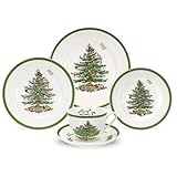Spode Christmas Tree 5-Piece Holiday Dinnerware Set - Festive Earthenware Tableware Collection with Plates, Teacups, Saucers - Microwave, Dishwasher Safe - Christmas Dinnerware & Holiday Tableware