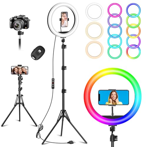 10.3 Selfie Ring Light with Stand and Phone Holder 73 Tripod 96 RGB Lighting Modes Remote for iPhone &Android Camera. LED Halo Light for Photo Video Recording TikTok. Circle Ringlight Dimmable
