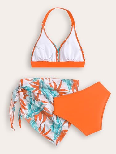 Moily Kids Girls 3 Pcs Bikini Sets Hawaii Halter Swim Bra Brief with Sarong Skirts Bathing Suits3