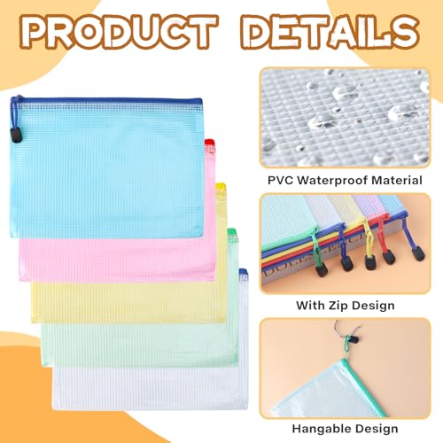 25 Stück Dokumententasche A5 Dokumententaschen mit Reißverschluss Wasserdichte Zip Beutel Klein Mesh Bag Kunststoff Zipper Beutel für Dokumente Quittung Papier Kosmetika(5 Farben)