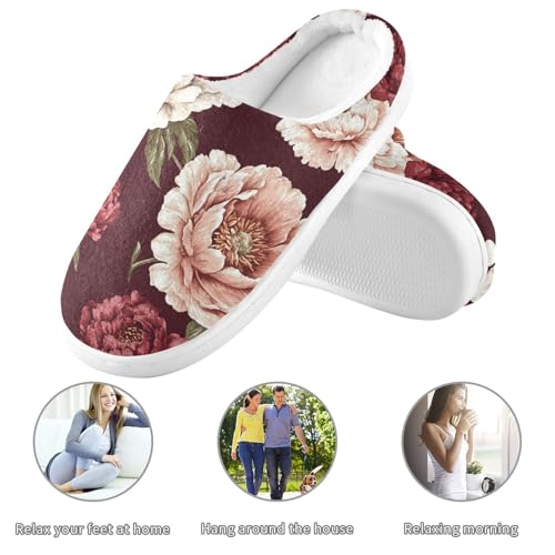 JUNZAN Vintage Peony Burgundy Womens House Cotton Slippers Lightweight Memory Foam Ladies Slippers for Hotel Funny Presents 6-73