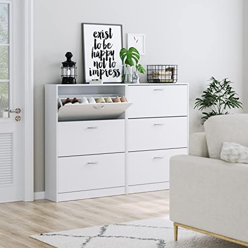 FirFurd Wooden Shoe Cabinet Freestanding Shoe Storage Cupboard with 3 Flip Doors Footwear Organizer White Modern 80x23.5x108cm