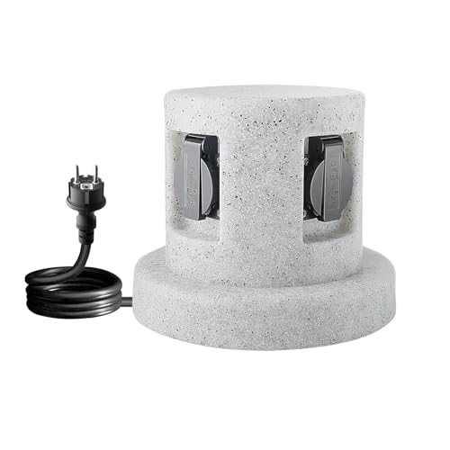 Garten Steckdosensäule Granit-Optik mit 4-Fach Steckdosen und 1m Gummikabel, IP44, Kunststoff, max.3600 Watt,Außensteckdose Garten Stein