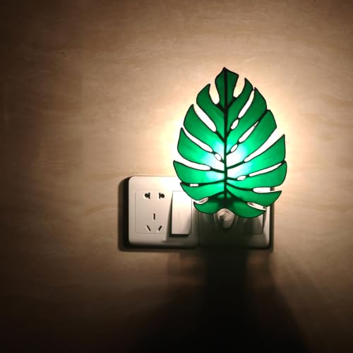 Image of CHEZBABY Plant Stained Glass Night Light Plug into Wall Lamp Decorative Accent Nightlight for Hallway Bedroom Bathroom Kitchen Home Decor(Monstera)
