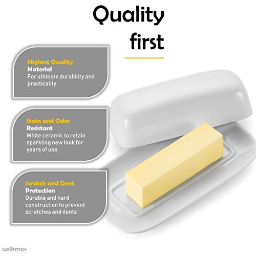 Gourmex Classic Butter Dish With Lid | Fits One Stick Of Butter | Ideal Butter Keeper For Salted, Unsalted Butter And Coconut Butter In Fridge | Ceramic White Tray Covered Butter Dish Dishwasher Safe #TOP2