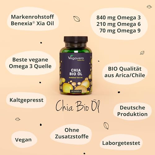 Bio Chia Öl Kapseln | 840 mg Omega 3 Vegan - Ohne Gelatine | Chia Samen aus Chile | Premium: Rohstoff Benexia® | Laborgeprüft | Ohne Zusatzstoffe | Deutsche Produktion Vegavero® – Bild 4