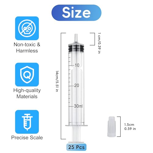 25 Stück Kolostrum Spritze 30ml Kunststoff Spritze mit Deckel Liquid Spritze Sterile Spritzen ohne Nadel für Wissenschaftliche Labor Flüssigkeitsmessung und Abgabe Tierfütterung Pflanzenbewässerung