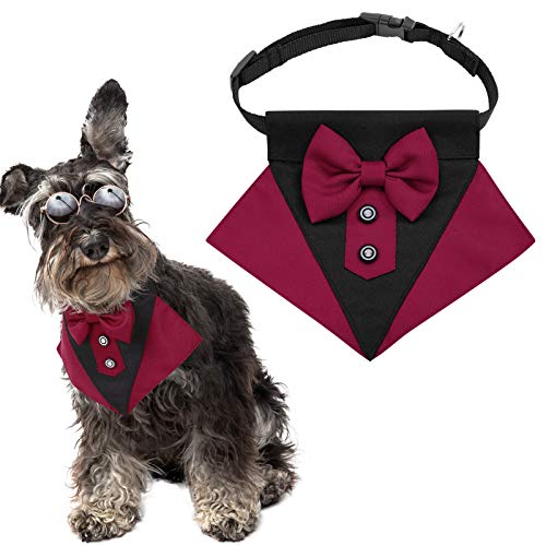 ASENKU Dog Tuxedo Bandana Collar with Adjustable Buckle, Formal Tuxedo Bandanas with Bow Tie, Pet Neckwear Elegant Collar Birthday Party Suit Dress-up Cosplay Wedding for Small Medium Large Dogs Cats