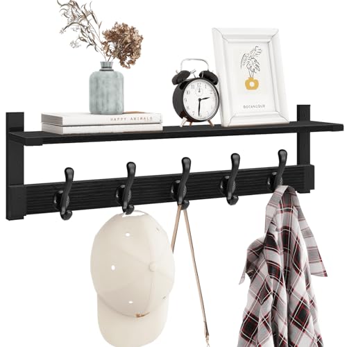 Homode Coat Hanger Wall Mount with Shelf, 29 in Hanging Rack with Storage, Entryway Shelf with Pegs for Hanging Coats, Hats, Towels, Purse, Robes, Black