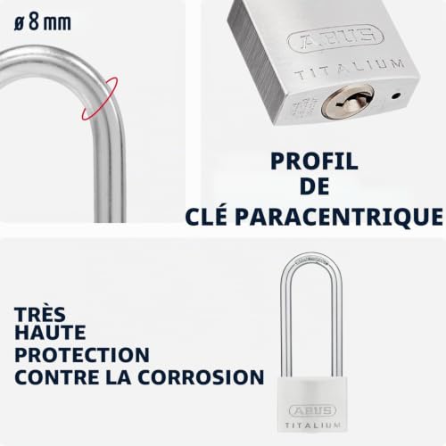 ABUS Cadenas Titalium 64TI/50HB80 - Aluminium, Anse Longue, Niveau 6 – vue 3