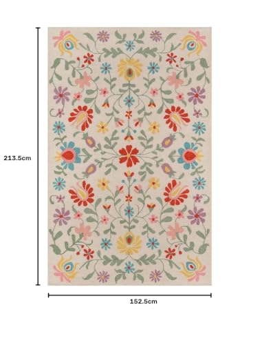 Image of Floral Pattern Wool Carpet with Loop Texture Yarn Anti Shedding Carpet Size 5x7 Feet A3 Ivory & Multi