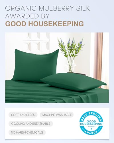 Image of THXSILK Set of 2 100% Pure Mulberry Silk Pillowcases for Hair and Skin, 6A+ Grade 22 Momme Silk Pillow Case Queen Size 20 inchx30 inch, Real Silk Pillowcases with Zipper (Emerald Green)