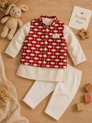 Image of Pspeaches Boys Cotton Full Sleeves Mandarin Collar Printed Kurta & Pyjamas With Jacket 3 Piece Set|Ethnic Wear For Cute Baby Boys|Traditional & Festive Outfit